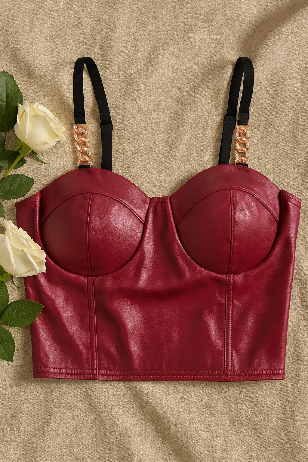 Faux Leather Crop Top Blouse With Gold Chains