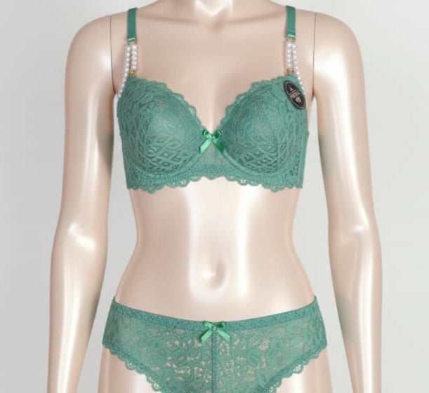 Luxury Padded Wired Push Up Bra Set With Pearls Straps And Net Embroidery - Bridal Wear