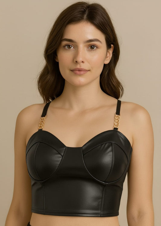 Faux Leather Crop Top Blouse With Gold Chains