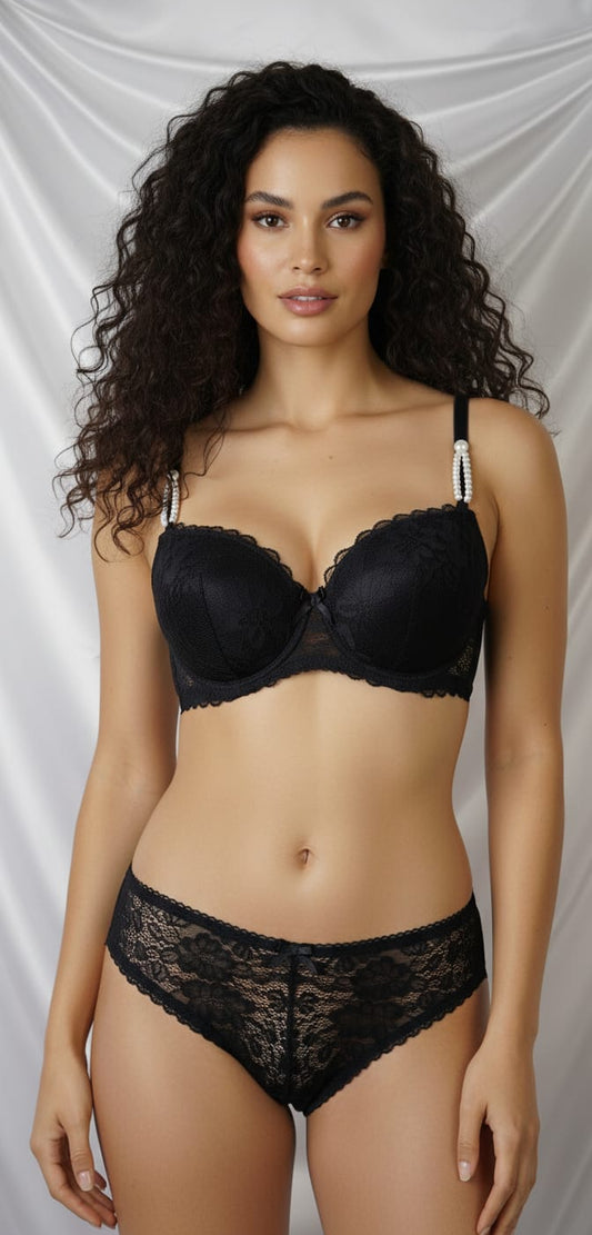Luxury Padded Wired Push Up Bra Set With Pearls Straps And Net Embroidery - Bridal Wear
